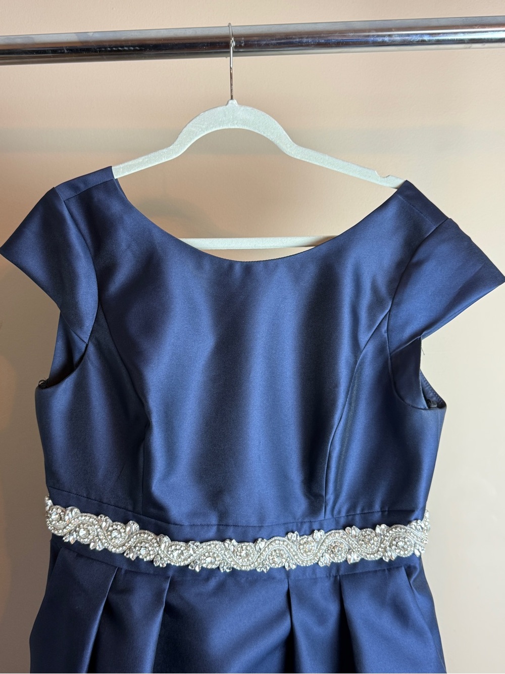 Alfred Sung Midnight Blue Satin A-Line Cap Sleeve Pleated Skirt Dress w/ Pockets - Picture 5 of 14